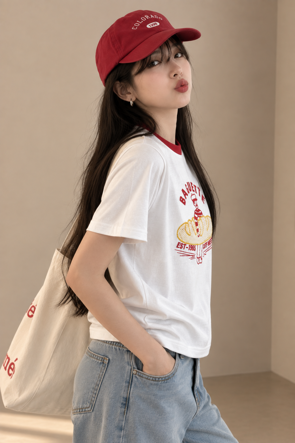 Korean-Style 3D Bread Embroidery Cotton Tee