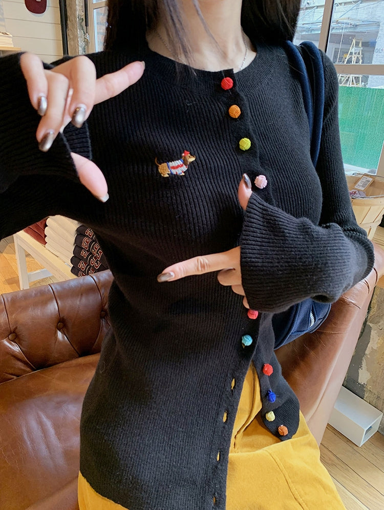 Dachshund Embroidered Fitted Knit Top