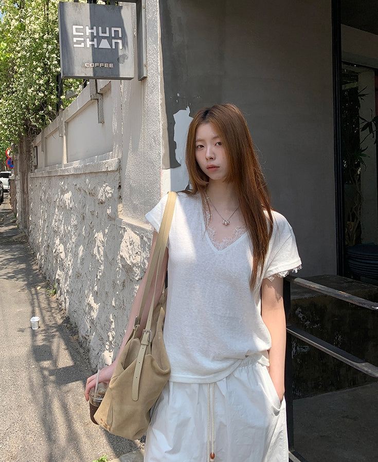 Lace Patchwork V-Neck Short Sleeve Tee