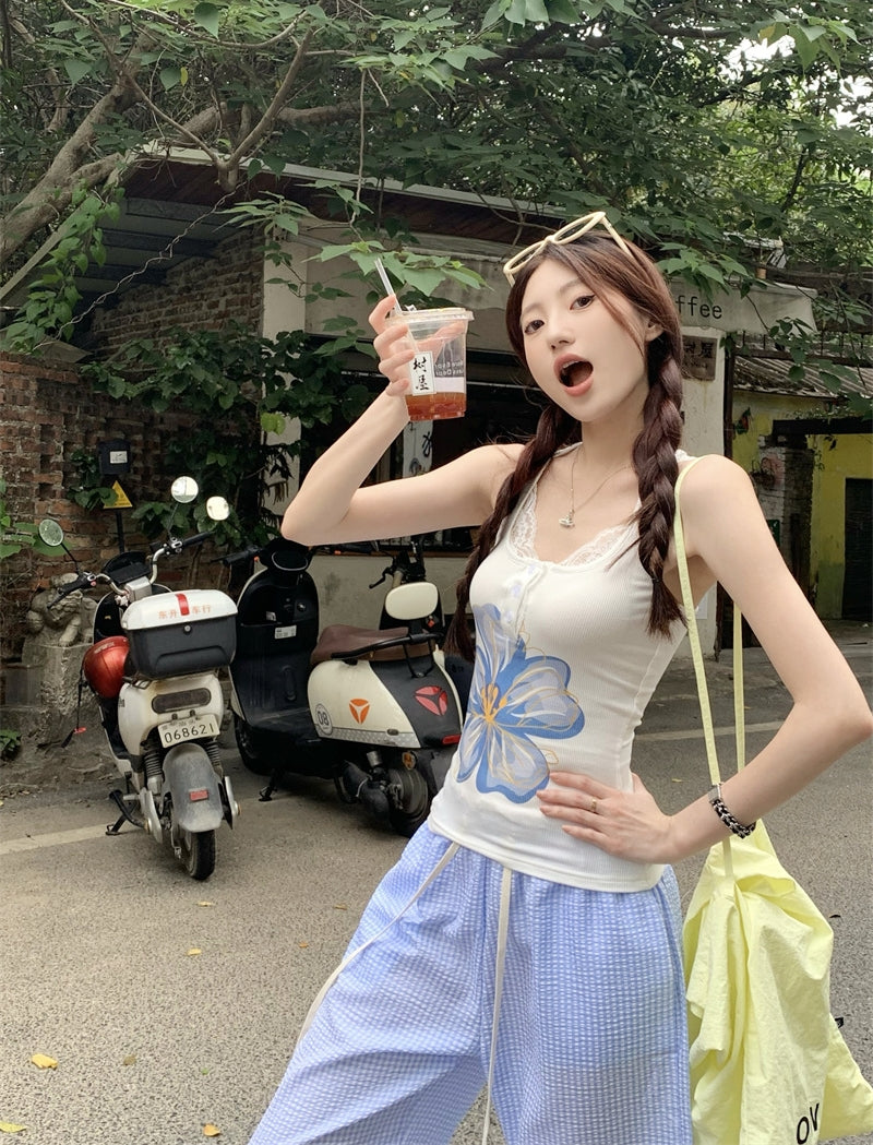 Summer Floral Lace Trim Tank Top