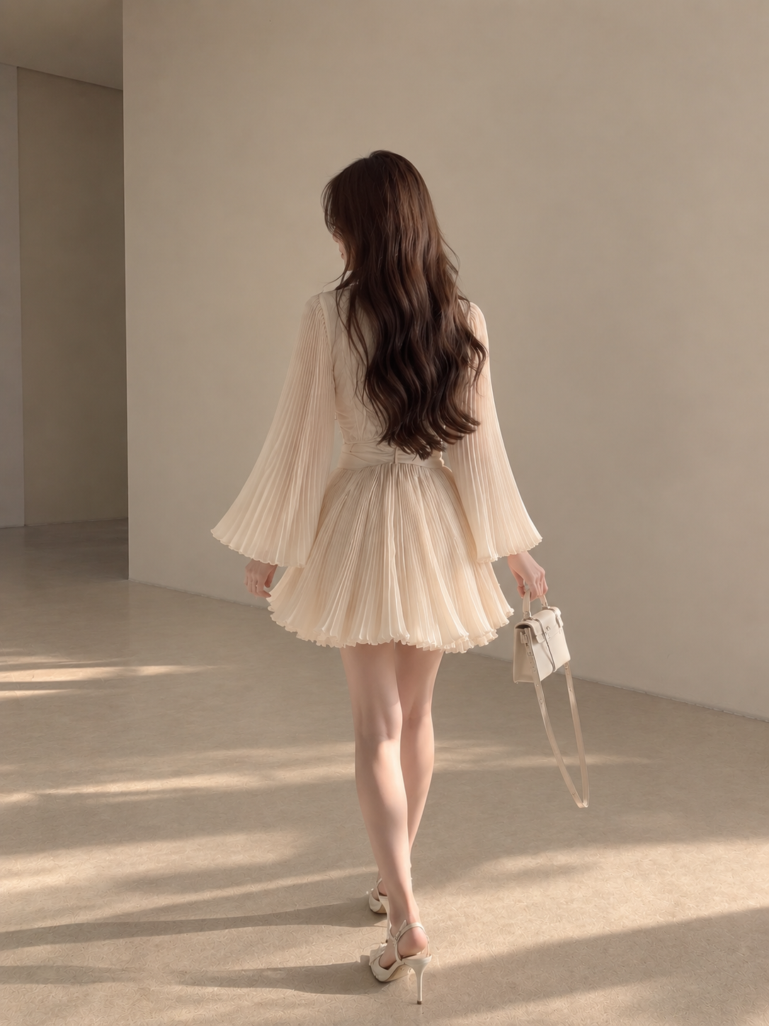 Apricot Pleated Flare-Sleeve Dress