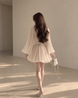 Apricot Pleated Flare-Sleeve Dress