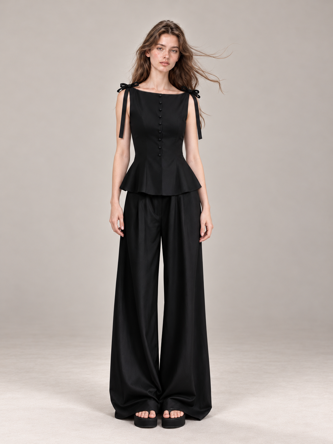 French-Inspired Black Bow-Tie Peplum Top &amp;amp; Wide-Leg Pants Set