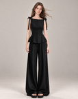 French-Inspired Black Bow-Tie Peplum Top &amp; Wide-Leg Pants Set