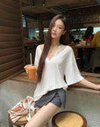 Straight-Shoulder Lace Faux Two-Piece Loose TEE