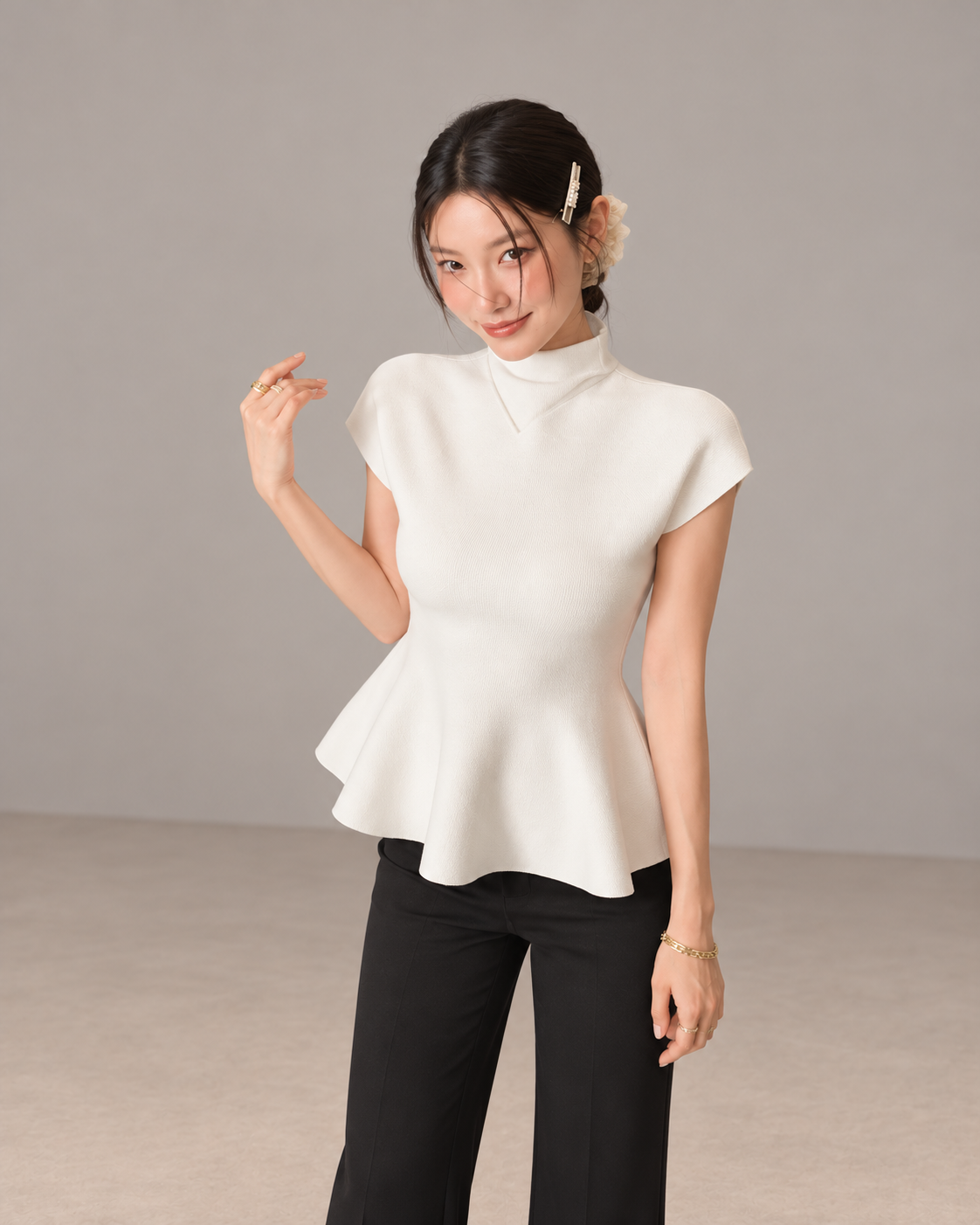 Jennie-inspired French semi-high neck ruffle hem knit top