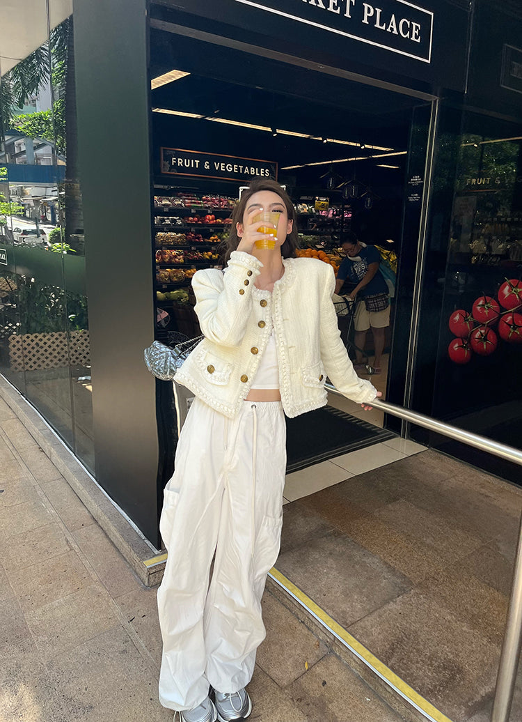 Golden Wool-Blend Tweed Short Jacket with Pearl Detailing