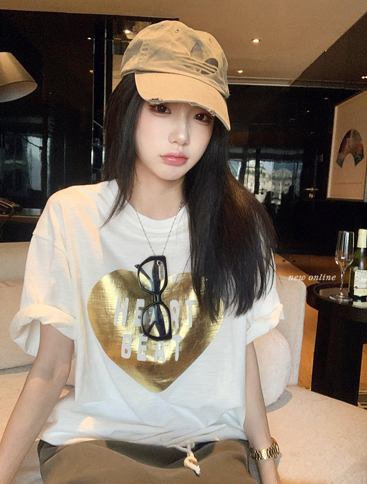 Vintage gold-foil heart bamboo-slub tee