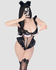 PU Patchwork Mesh Ruffled Bodysuit Lingerie