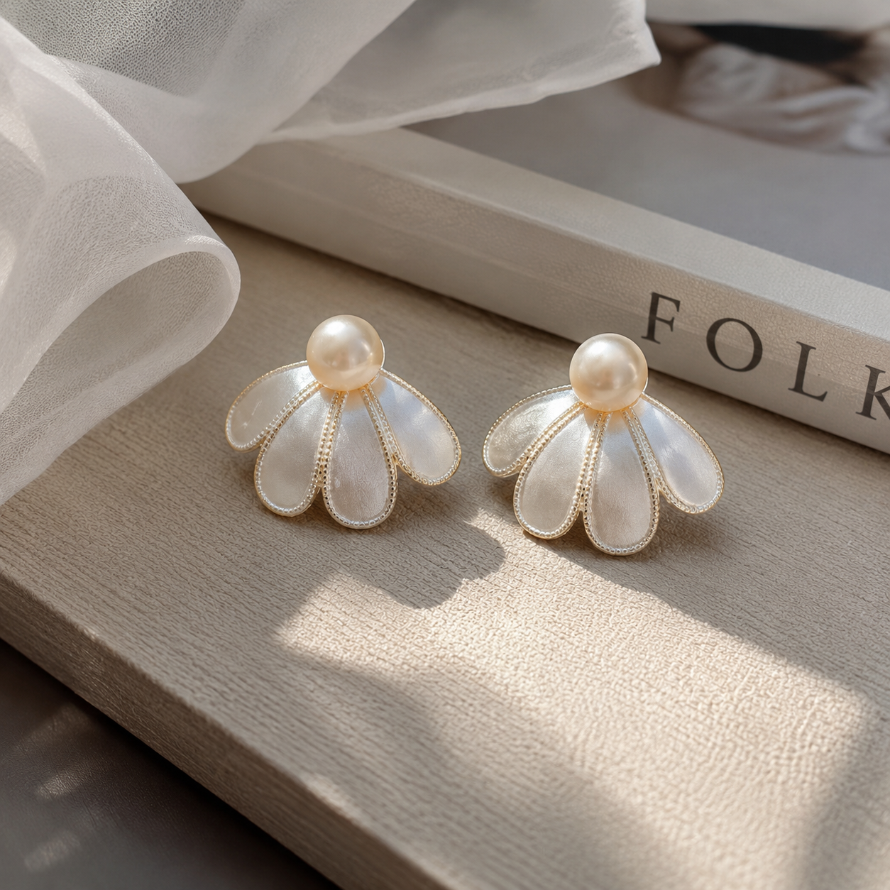 Brushed Petal Pearl Stud Earrings