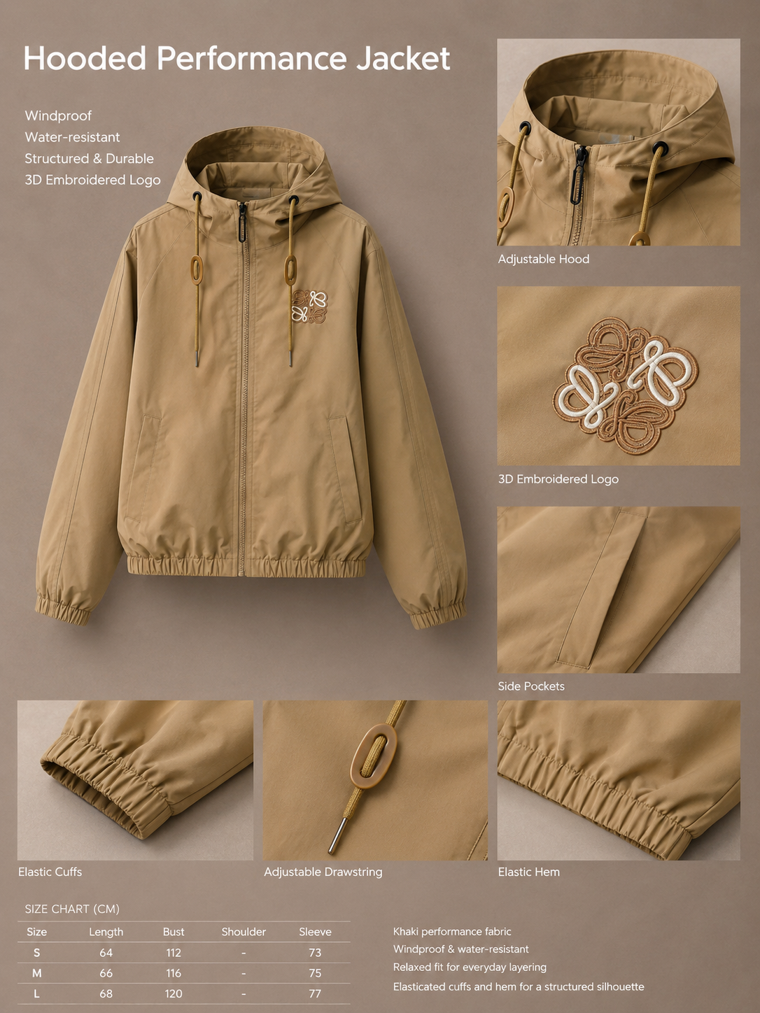 Khaki hooded windbreaker jacket