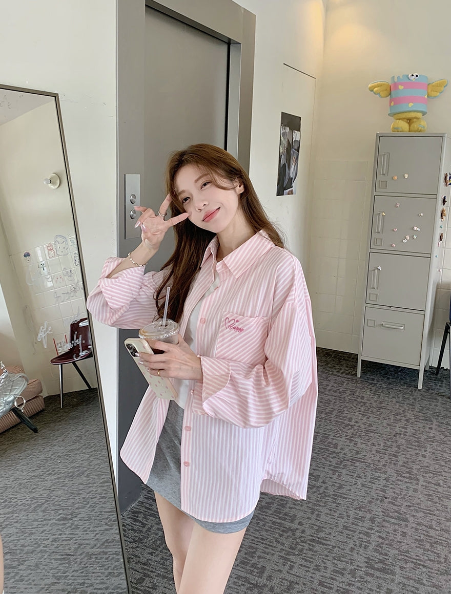 Korean-Style Sweet Pink Striped Shirt