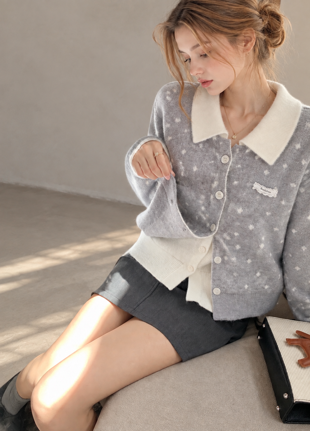 Korean-Style Layered Grey Knit Cardigan