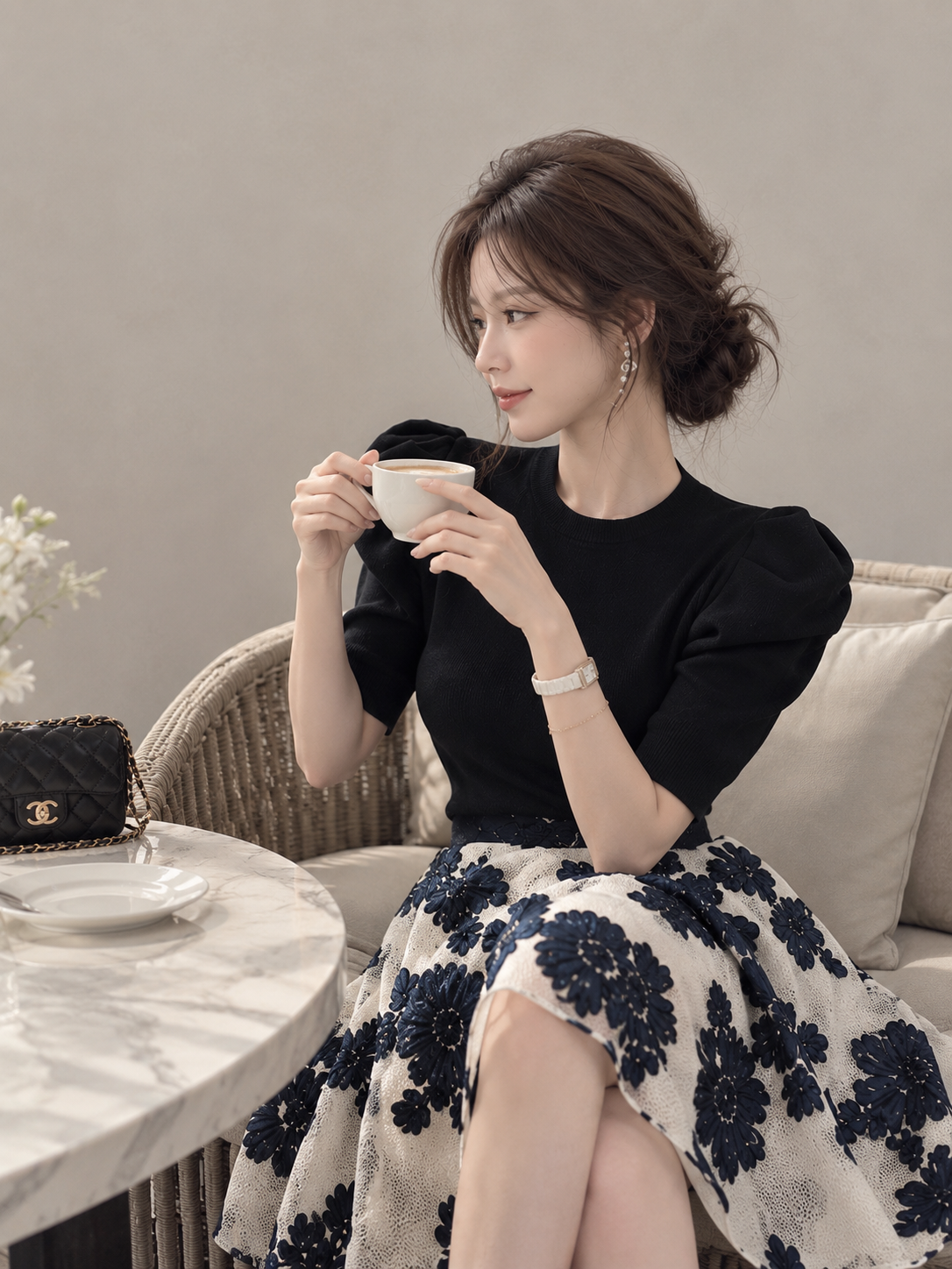 Korean-Style Vintage Blue &amp;amp; White Embroidered Skirt and Knit Top Set