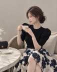 Korean-Style Vintage Blue &amp; White Embroidered Skirt and Knit Top Set