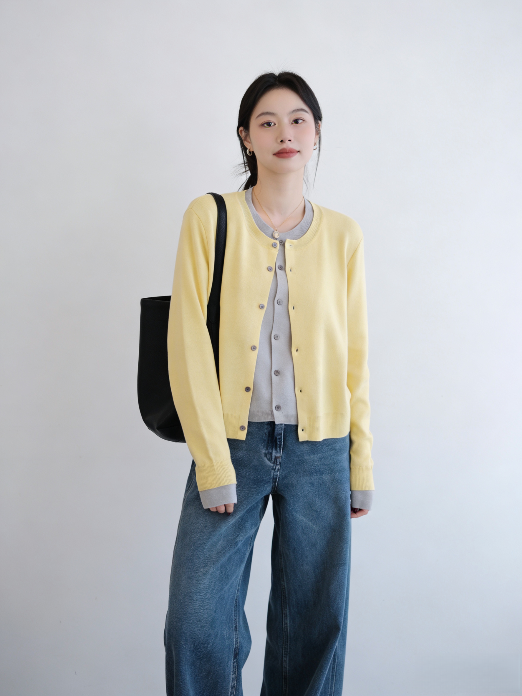 SANDRO cream yellow contrast grey wool cardigan