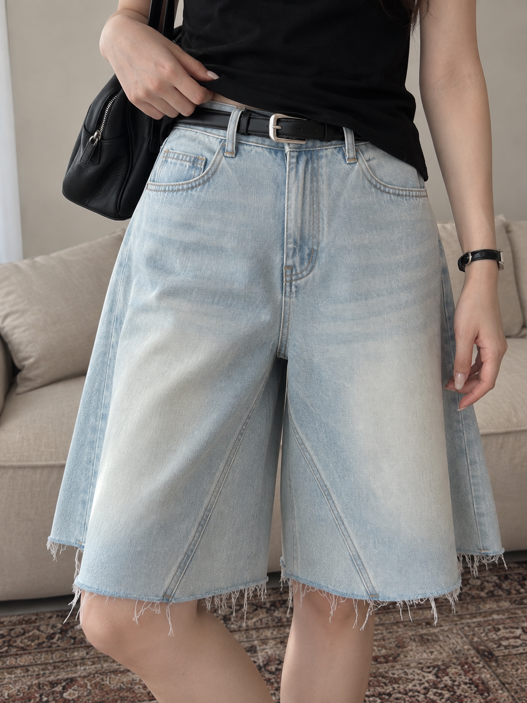 Light-Wash Wide-Leg Denim Bermuda Shorts