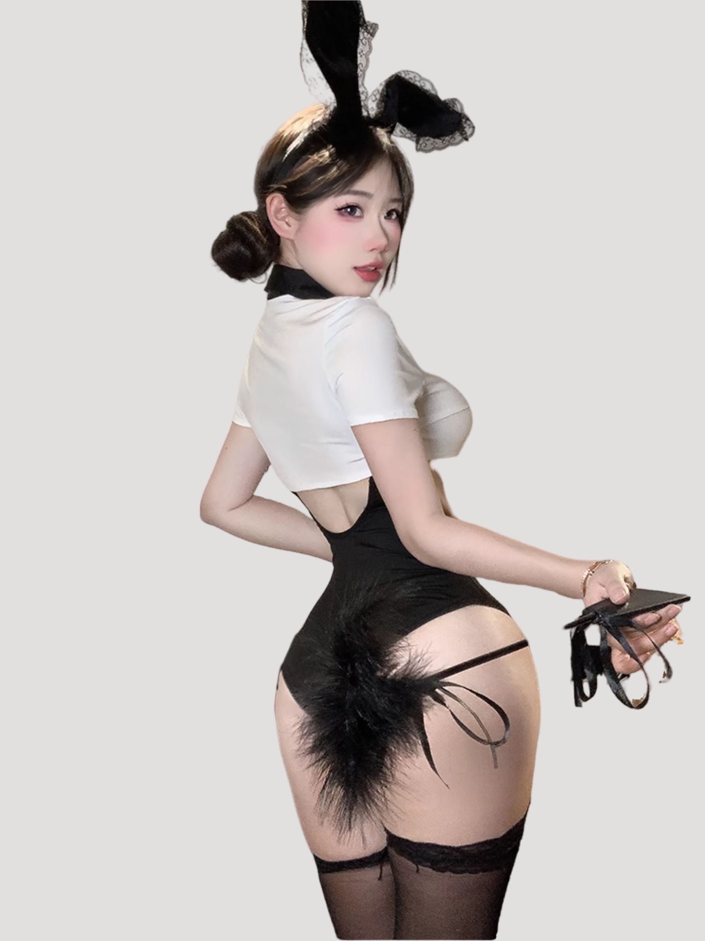 Open-Bust Secretary Style One-Piece Lingerie (with Stockings or Fishnets)