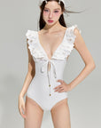 White Embroidered Deep V One-Piece Swimsuit