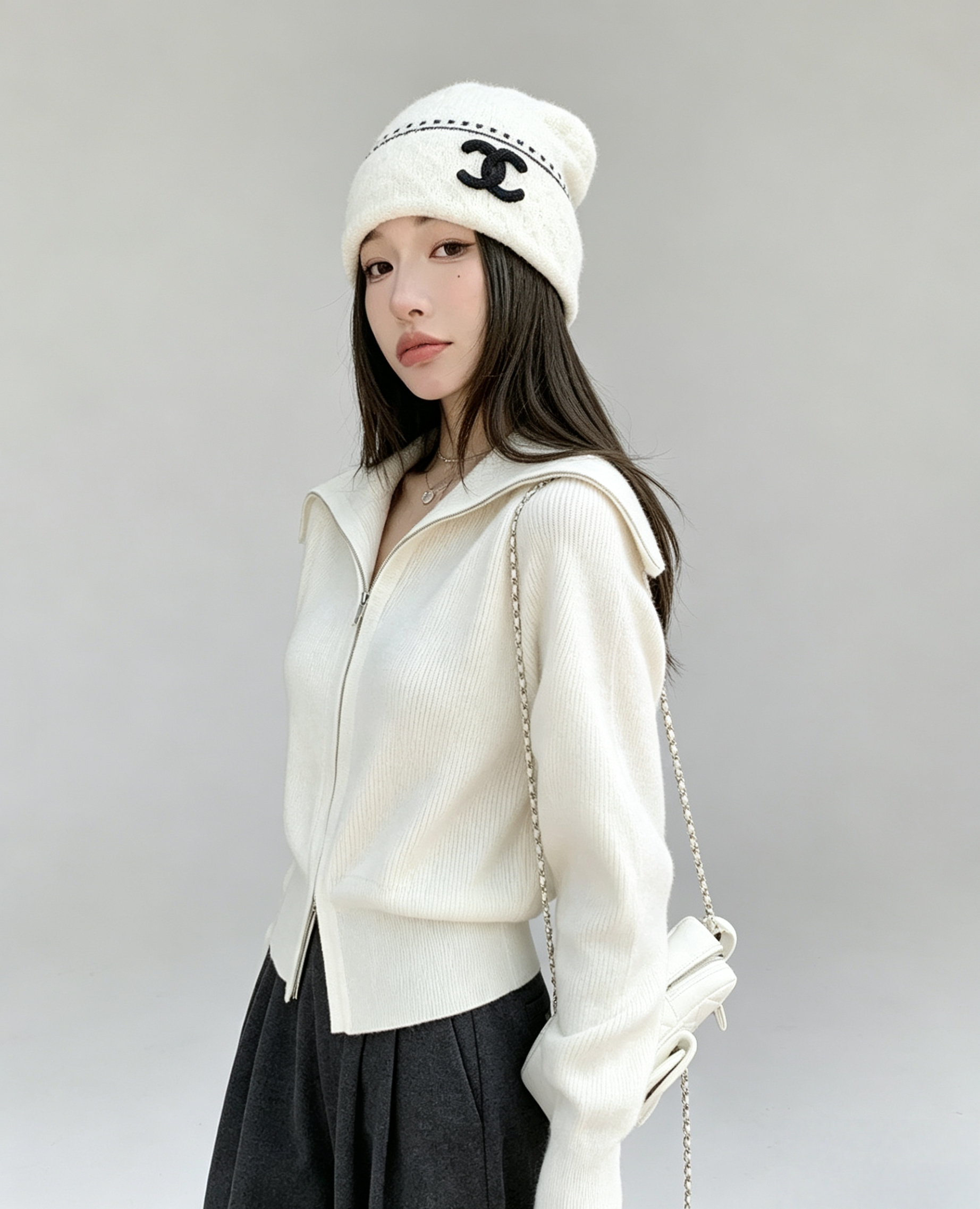 Double-Zip High Neck Thick Knit Cardigan