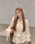 White Moonlight Ribbon Chiffon V-Neck Blouse