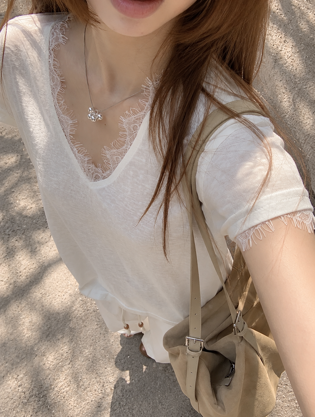 Lace Patchwork V-Neck Short Sleeve Tee