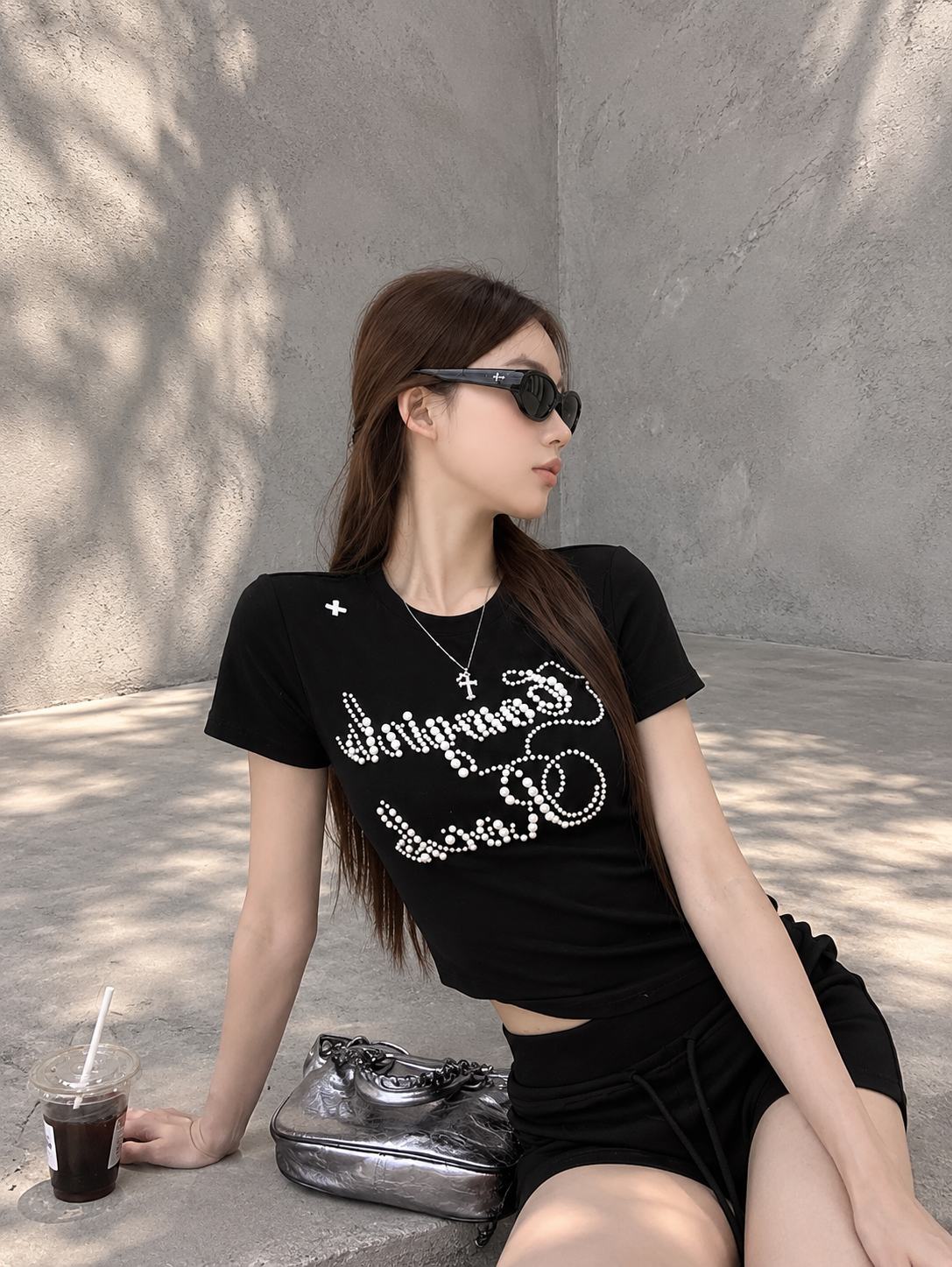 Black Structured Shoulder Beaded Cotton Tee