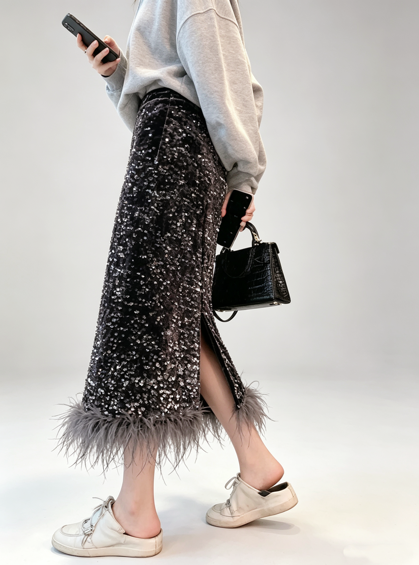 Sequin Skirt with Ostrich-Feather Trim
