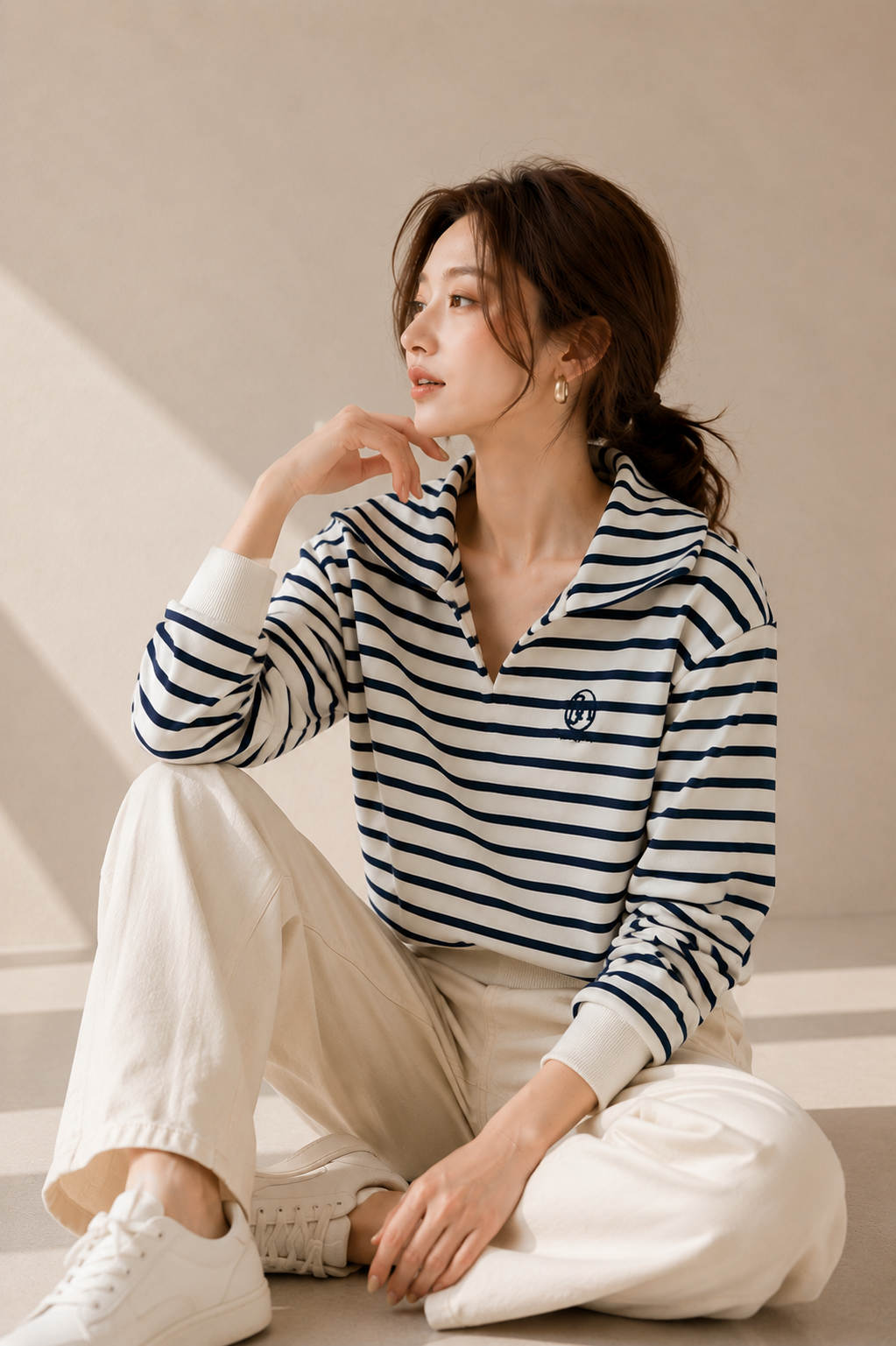 Cotton Korean-Style Striped Polo Top
