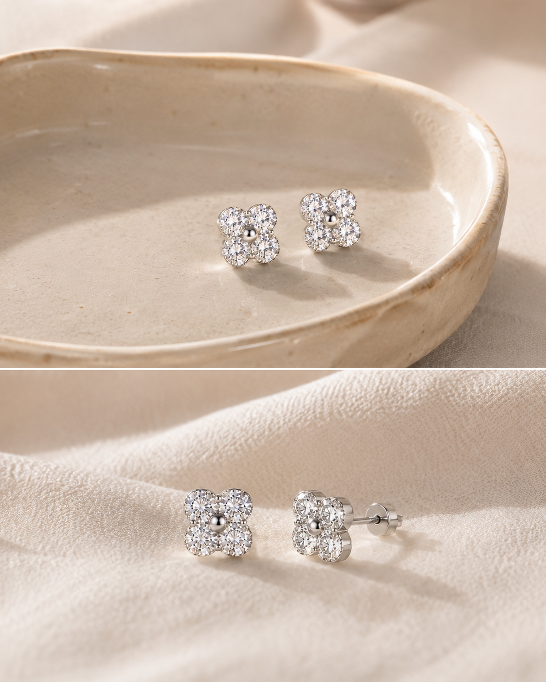 925 Silver Four-Leaf Clover Rhinestone Stud Earrings