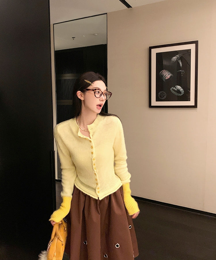 Contrast Wave-Edge Knit Cardigan