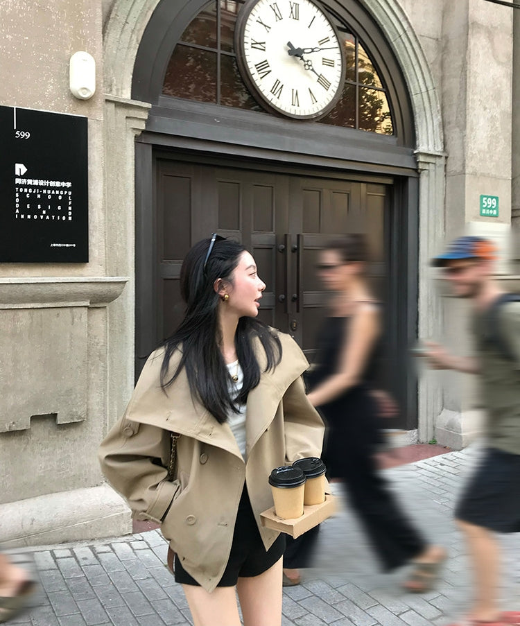 French double-breasted short trench coat with oversized lapel