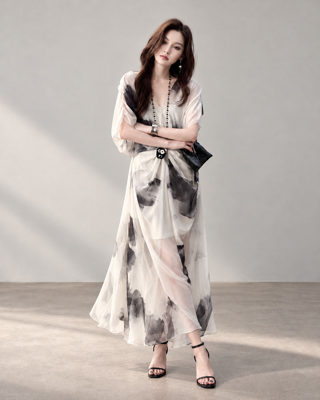 Ink Wash Print Maxi Skirt