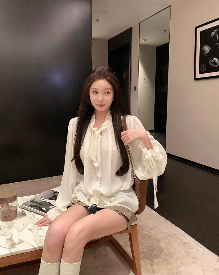 White Moonlight Ribbon Chiffon V-Neck Blouse