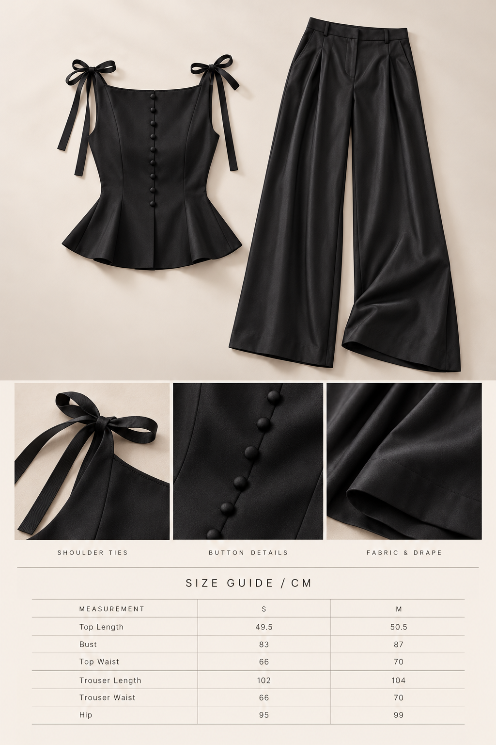 French-Inspired Black Bow-Tie Peplum Top &amp;amp; Wide-Leg Pants Set