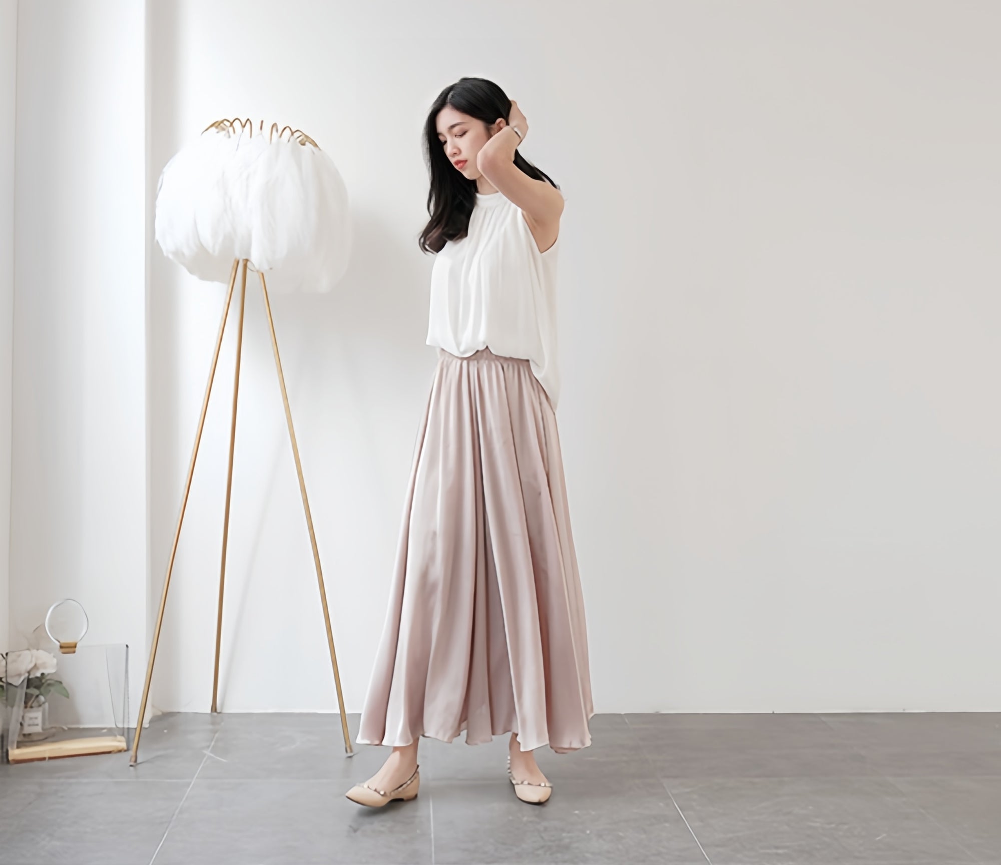 Delicate Pleated Shimmer Wide-Leg Skirt Pants