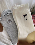 Korean-Style Lace Bow Embroidered Mid-Calf Socks for Summer (3-Pack)