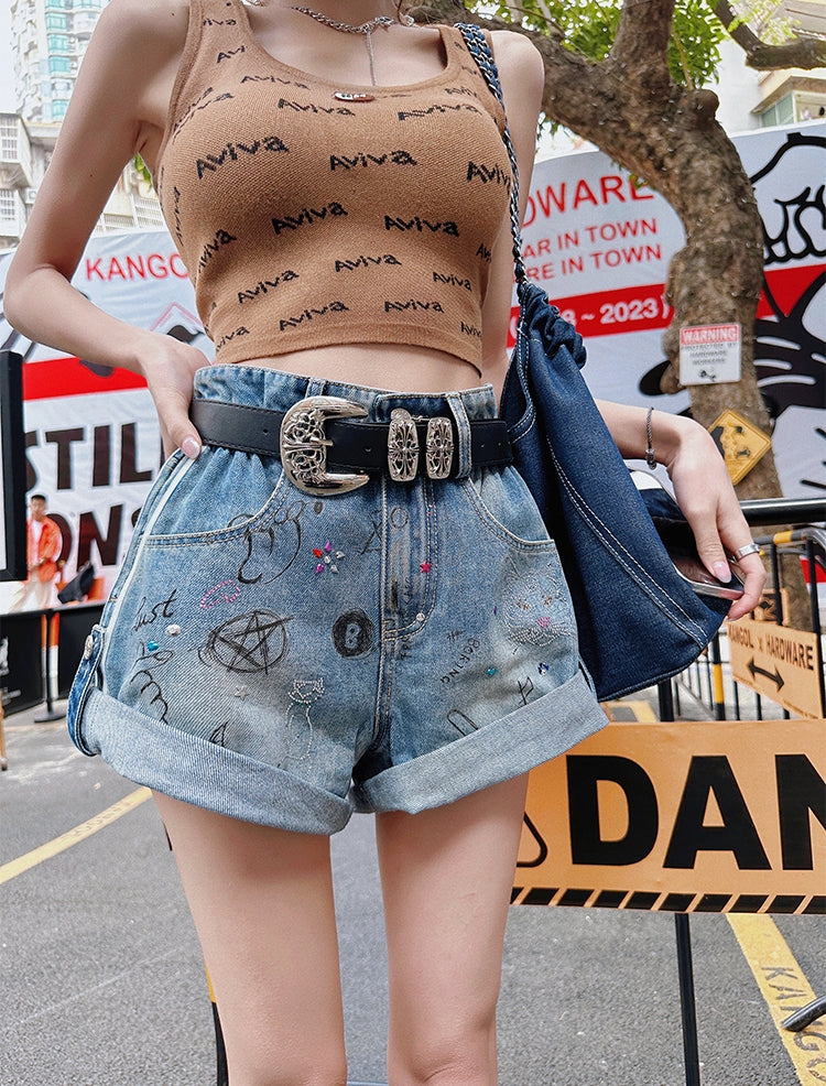 Graffiti Cuffed Denim Shorts (Belt Not Included)