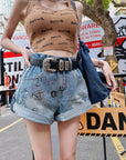 Graffiti Cuffed Denim Shorts (Belt Not Included)