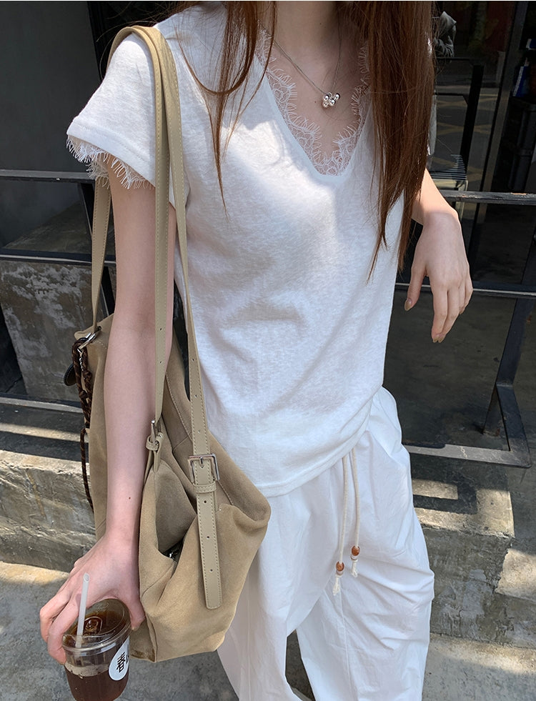 Lace Patchwork V-Neck Short Sleeve Tee