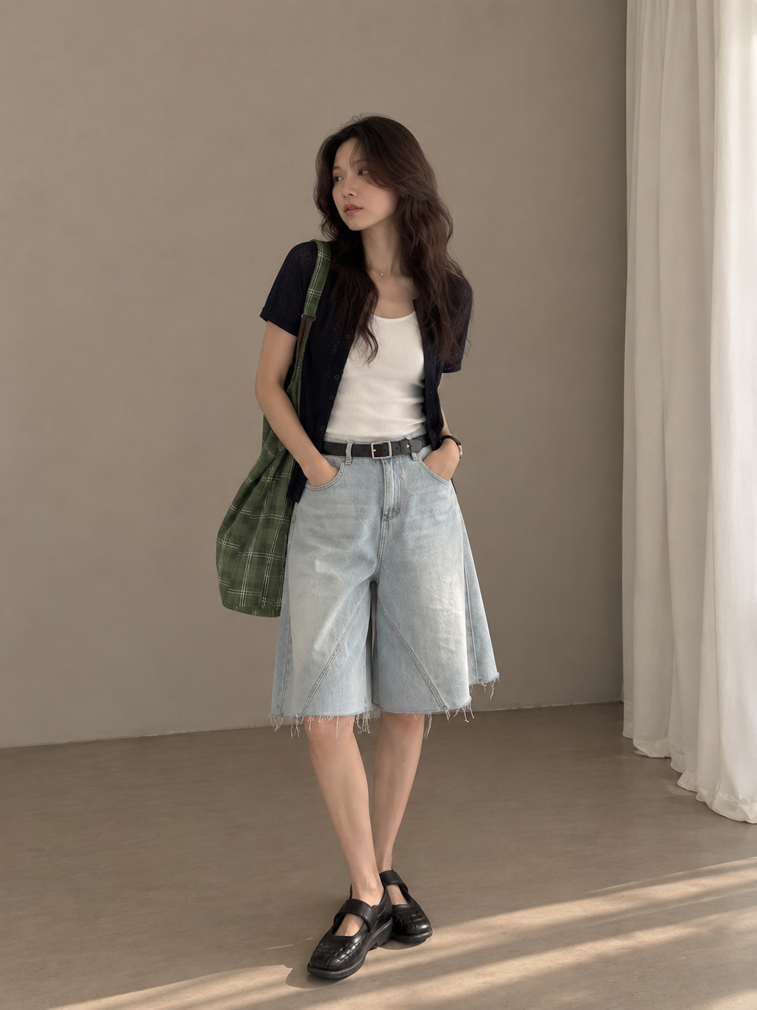 Light-Wash Wide-Leg Denim Bermuda Shorts