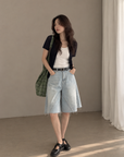 Light-Wash Wide-Leg Denim Bermuda Shorts