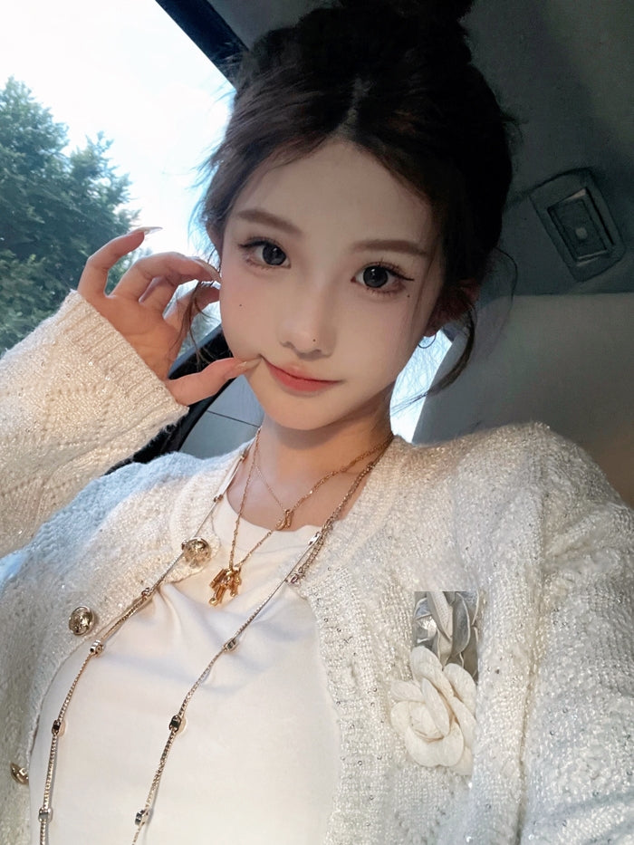 Sequined Argyle Knit Tweed-Style Cardigan (with Brooch)