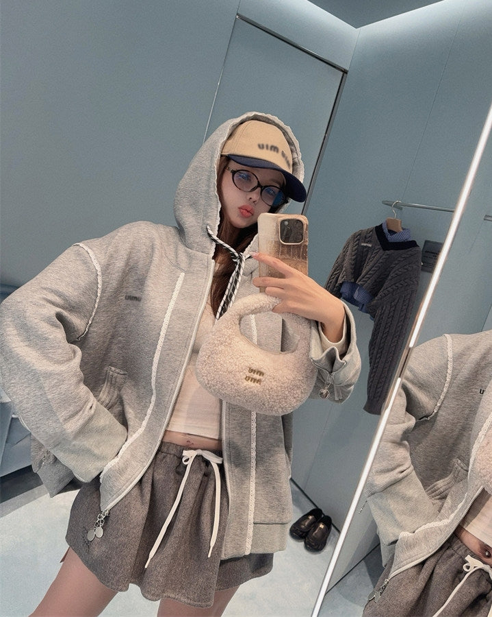 Ruffled Trim Hooded Zip-Up Sweatshirt