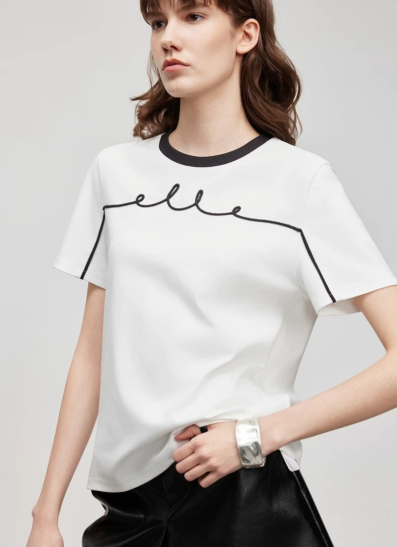 ELLE French-Style Crewneck Contrast Cotton Tee