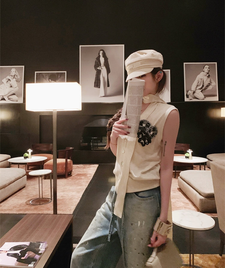 3D Camellia V-Neck Wool Blend Vest