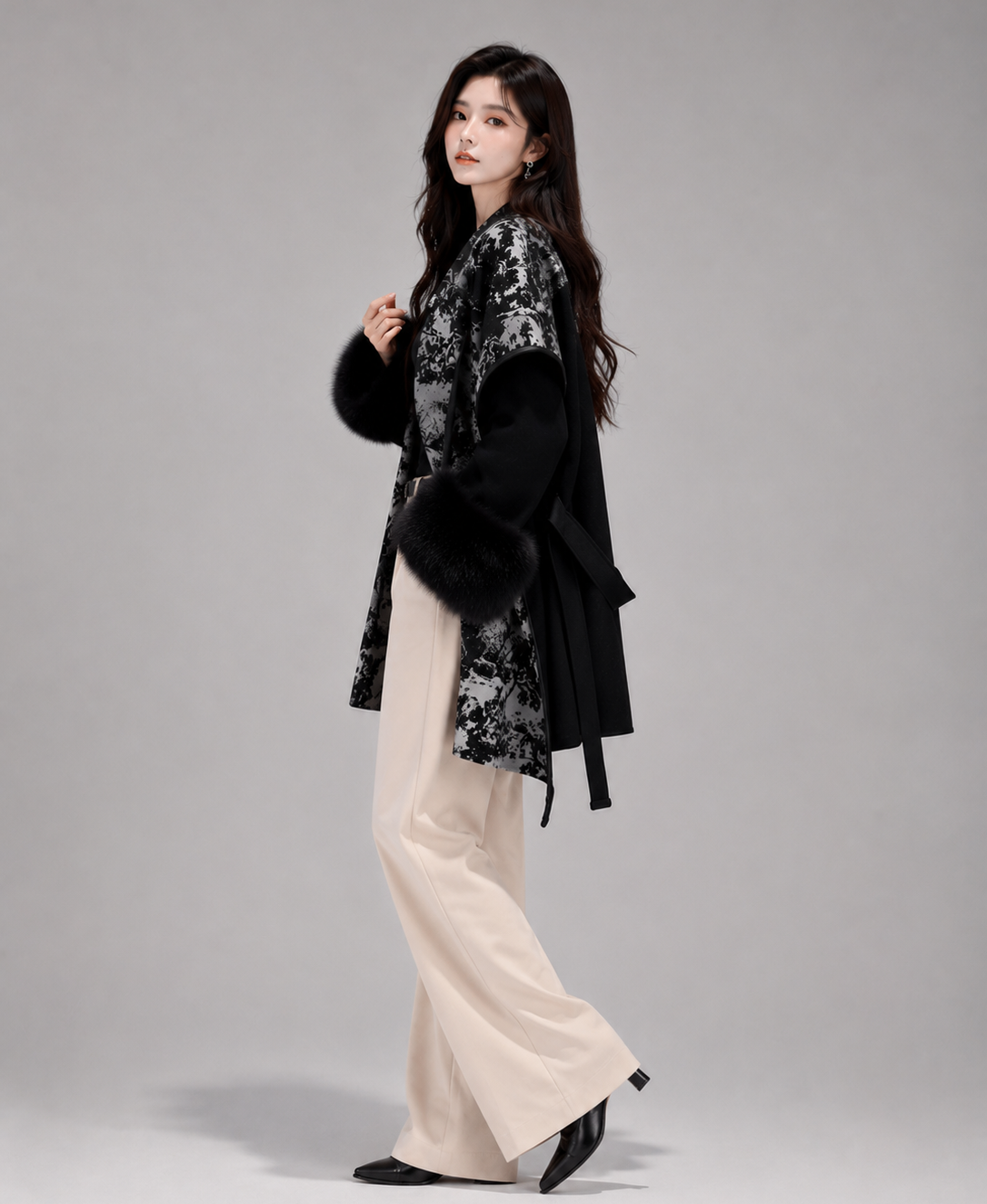 Ink Print Wool Cape Coat