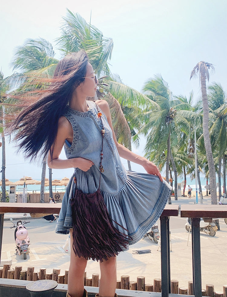 Pleated Denim Vest Dress