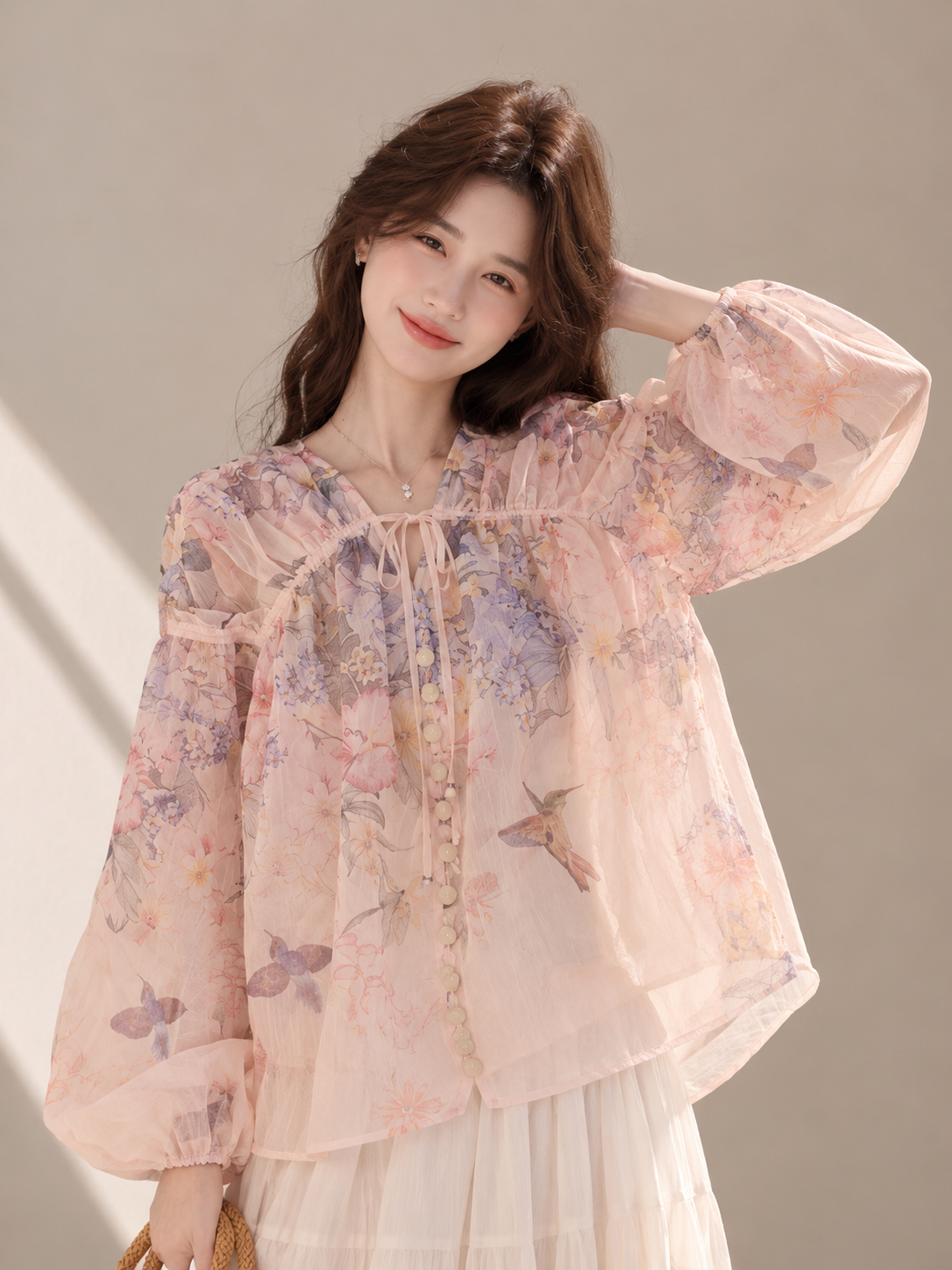 Floral Drawstring Balloon Sleeve Blouse (Includes Bandeau Top)