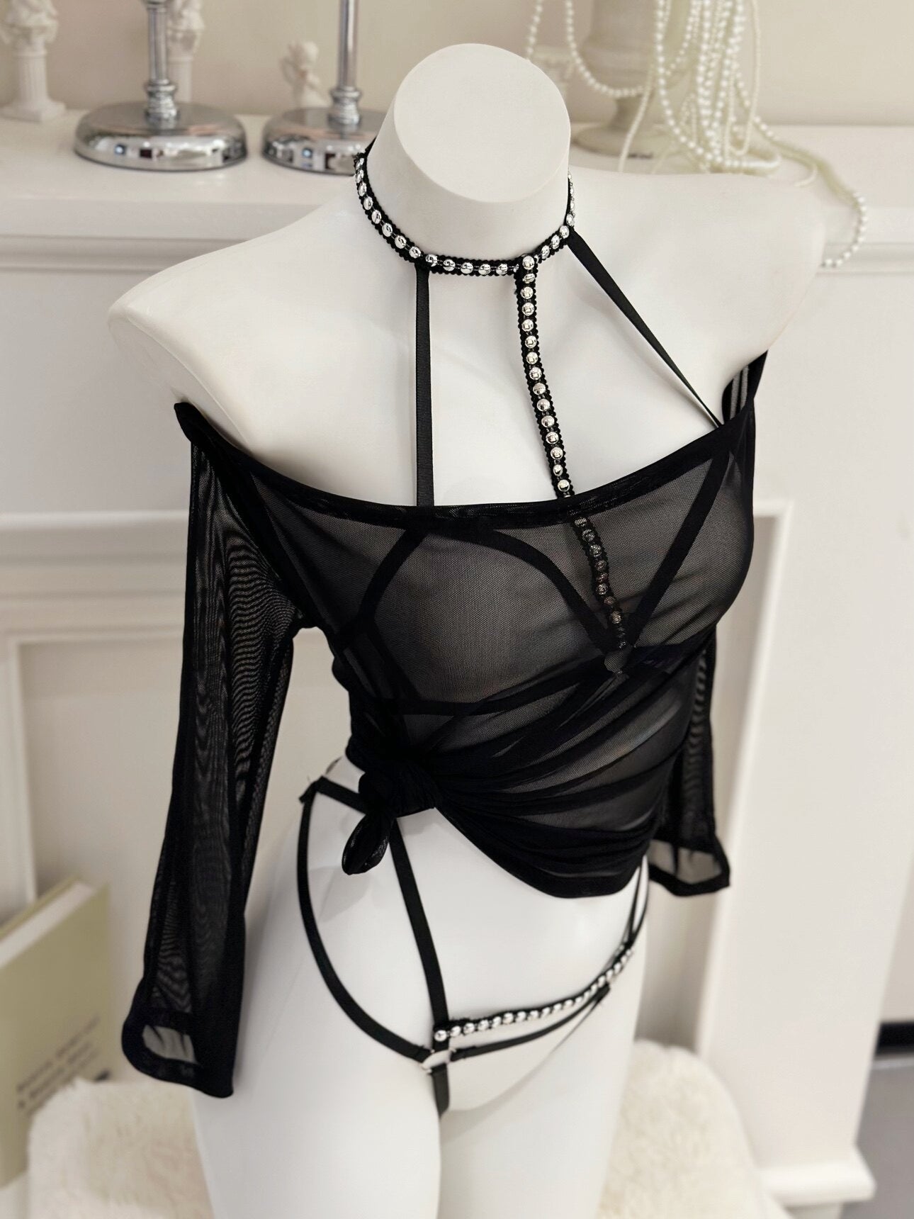 Black Sheer Mesh Halter Tie Lingerie